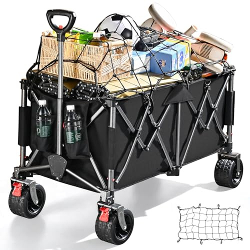 300L Festival Trolley on Wheels, Beach Camping Trolley Heavy Duty, Large Folding Wagon Loads Up to 550LBS, Portable Foldable for Outdoor Garden Shopping Fishing Cart, Ultra Wide Wheels, Pure Black