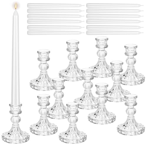 12 Stück Glas Kerzenständer mit 12 Kerzen, Kerzenhalter mit Stabkerze Set