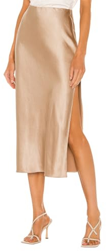Shephorion Women's Satin Midi Skirt High Waisted with Side Slit - Silky A-Line Bias Cut Flowy Skirt for Work, Party & Wedding Guest Champagne