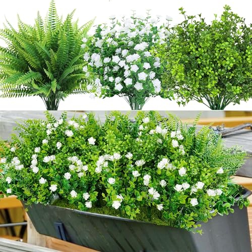 18PCS Outdoor Artificial Faux Plants Spring Summer UV Resistant Bulk Realistic Fake Bushes Grass Eucalyptus with White Flowers Plastic Greenery Shrubs Front Porch Patio Garden Window Home Decor