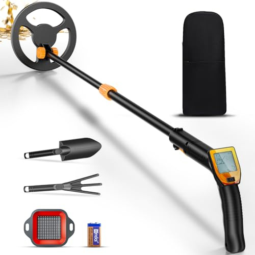 Detector Metales Niños, Ligero Detector de Metales para Niños con Mango Ajustable de 66-83CM, Pantalla LCD y Bobina de Búsqueda Impermeable, Alta Sensibilidad con Pala Rastrillo Tamiz Bolso(Naranja)