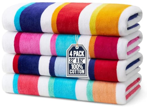Ben Kaufman Joey Velour Colored Classic Multi-Color Stripe Beach & Pool Towel - Large Cotton Towel - Soft & Absorbant - Assorted Colors - 32” x 62” - 4 Pack