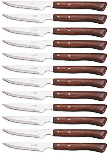 Arcos Serie Cuchillos de Mesa Caja 12 uds Cuchillo Chuletero, Hoja Serrada de Acero Inoxidable NITRUM de 110 mm, Mango Madera comprimida Color marrón (12 UDS)