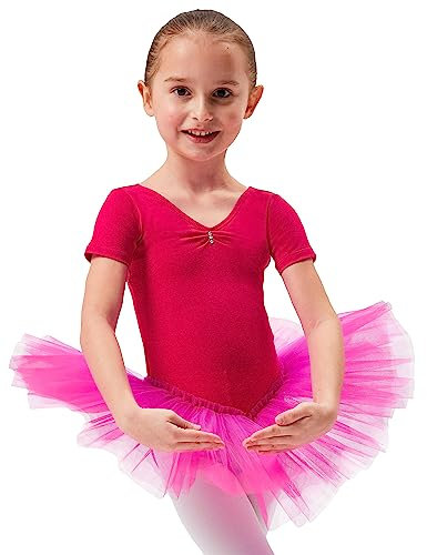 tanzmuster ® Ballettkleid Mädchen Tutu - Nele- aus weichem Baumwollstoff mit Glitzersteinen fürs Kinder Ballett Ballettbody Ballett Trikot, Pink 92-98