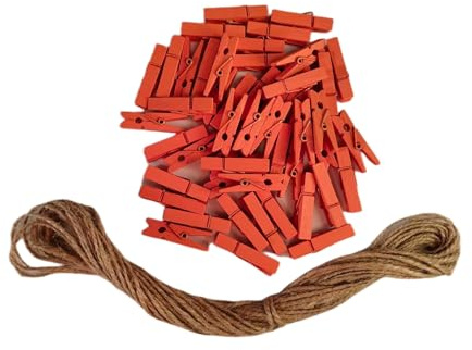 DurReus 50 Pieces DIY Mini Color Wooden Clothespins Home Decoration Hanging Craft Clips Photo Holder Paper Peg Jute Twine Clothing Line Orange