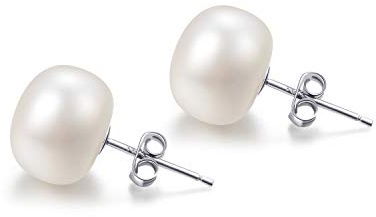 Perle Boucle D'oreille Femme Fantaisie Argent 925 Clous Perles de Culture D'eau Douces Naturelles Plates Blanches 10 MM