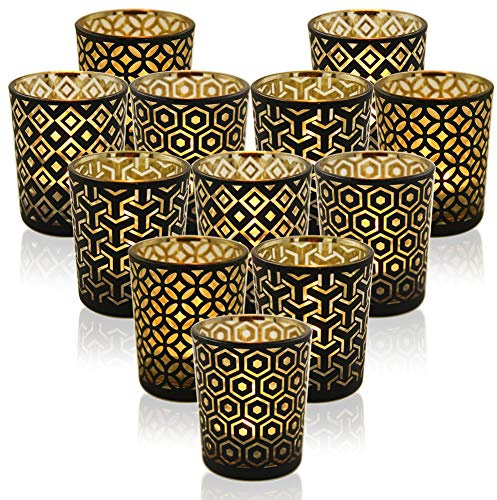 SHMILMH Black Gold Glass Votive Candle Holders Set of 12, Tealight Candle Holder with 4 Patterns for Ramadan Decorations, Eid Mubarak, Wedding Centerpiece, Modern Home Table Decor, Gift Set