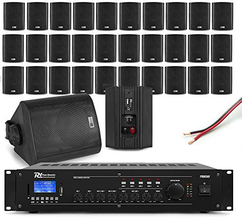 Power Dynamics Multi-Zone PA System, 32x 4-Inch BC40V Wall Speakers & PRM360 Amplifier, Complete Background Music Kit for Gardens, Terraces, Outdoor Areas, 360W, Bluetooth, IP56 Rated, Black