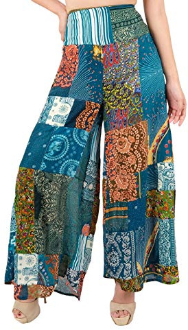 LOFBAZ Women's Patchwork Wide Leg Palazzo Pants Yoga Lounge Hippie Harem Flowy Trousers Juniors Ladies Travel Cover Up Beachwear Patchwork Green S