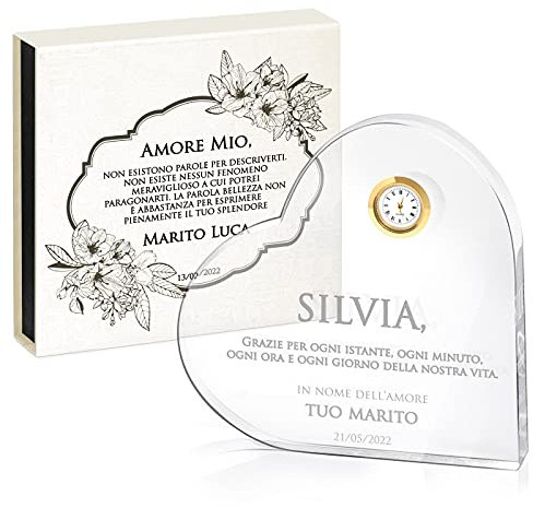Maverton Cuore di vetro con orologio - Con incisione - In scatola personalizzata - Cuore di cristallo - Orologio - regalo donna compleanno - regalo