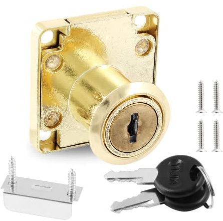 Qjaiune 1 Pack Gold Cabinet Drawer Lock, 7/8 Cylinder Keyed Different | Zinc Alloy Rust Proof, Fits 17-22mm Door Thickness, 2 Keys Per Lock, for Desk Mailbox Wardrobe Letter Box