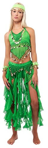 5 Stück Professioneller Bauchtanzanzug für Damen, Zubehör für Top und langen Rock aus Chiffon für indische Kostüme und Themenpartys, Einheitsgröße, grün, One size
