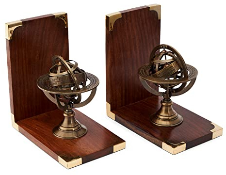 NKlaus 1 Paar Maritim Buchstützen Armillarsphäre aus Holz und Messing 16x17x10cm robuste Buchhalter mit maritimem Flair für Ihr Bücherregal 11528