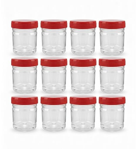 Cennet 12x 250ml Round clear Plastic Storage Jar with screw top lids, airtight BPA free food containers for kitchen, Herb, Spices, Sweets Canister pots