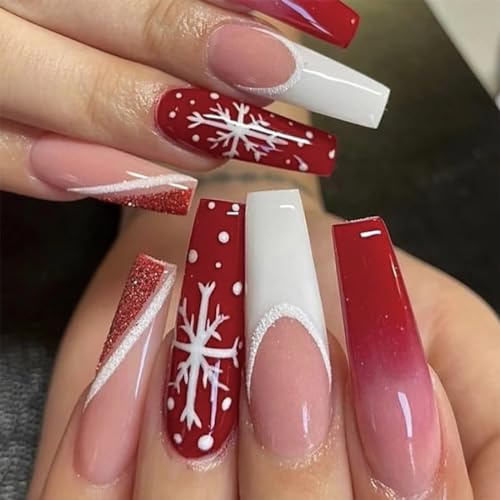 JUSTUSNX 24pc rote Weihnachten falsche Nägel Schnee falsche Nägel Quadrat auf Nägeln für Frauen und Mädchen