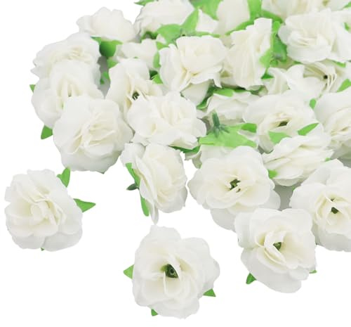 HXMJIED 50PCS White Artificial Rose Flower Heads, Mini Flowers, Mini Roses Corsage Flower Heads, Artificial White Flowers Heads Silk Rose Heads