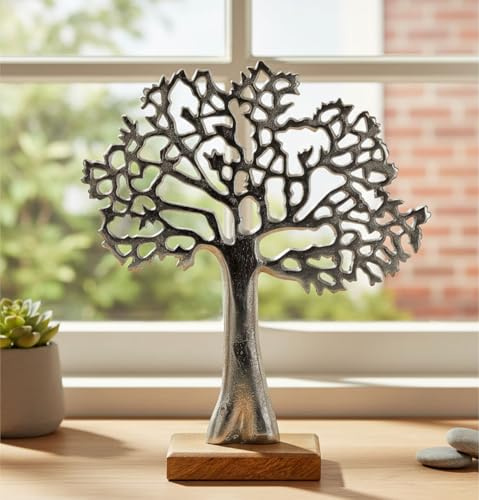 LB H&F Dekoobjekt LEBENSBAUM Deko Baum Holz Metall Silber Objekt zum hinstellen Familie Natur (Lebensbaum)