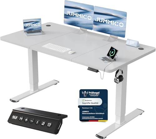 JUMMICO Höhenverstellbarer Schreibtisch 140 x 60 cm, USB-A-Anschluss | Schreibtisch Höhenverstellbar Elektrisch, Erinnerung bei langem Sitzen Stehschreibtisch, Computertisch für Homeoffice Grau