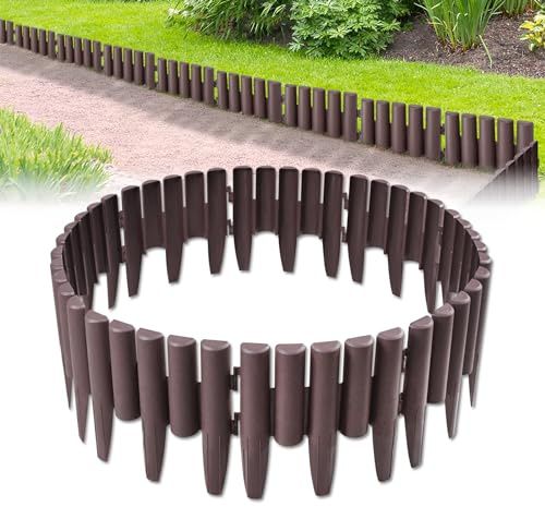 Froadp Bordo per prato, in plastica, 28 x 24 cm, effetto legno, decorativo per palizzata, bordo flessibile per aiuole da giardino, recinzioni per frutteti (5,6 m = 20 pezzi, marrone)