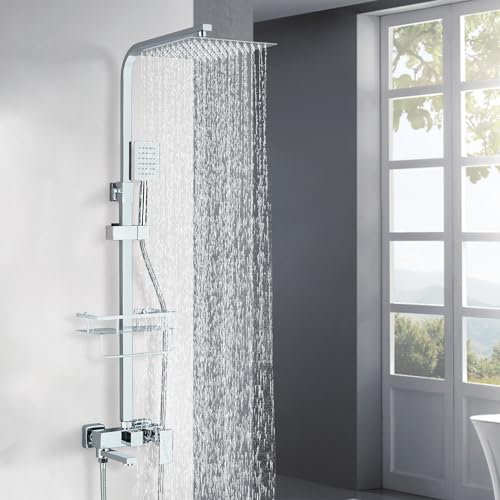 Hevenaov Columna Ducha Cromo con Grifo Columna Ducha Altura Regulable, Columna de Ducha con Ducha Lluvia 30x30cm, Ducha de lluvia de 3 funciones