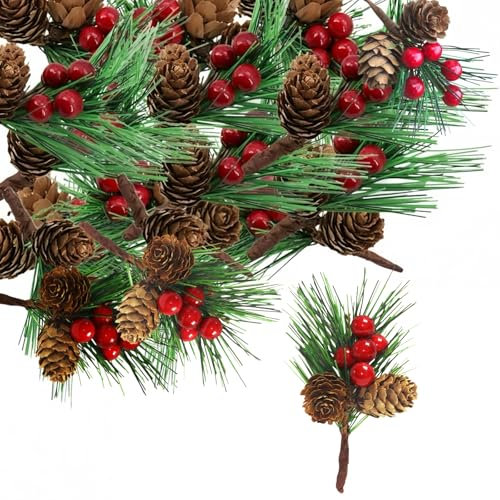 10P Fake Christmas Holly Sprigs Artificial Pine Picks with Red Berry Natural Pine Cones,Christmas Pines Needles Holly Berry Stems Decor,Xmas Foliage Berries Holly Bouquets Craft Flower Wreath Decor