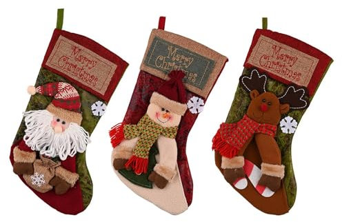 Weihnachtsstrumpf 3er Set, große Weihnachtsstrümpfe Dekoration mit 3D Weihnachtsmann personalisierte hängende Strümpfe, Weihnachtssocken für Weihnachten Geschenke Weihnachtsbaum Kamin Deko