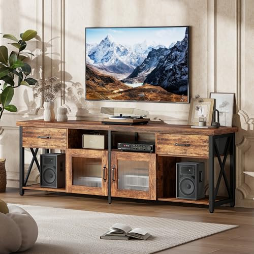 Flycity Mueble TV, Mueble Bajo Estilo Industrial de 180 cm, para Televisores de hasta 70, Soporte en X, Mesa Television de Madera con Almacenamiento, TV Stand de Salon, Marrón Vintage