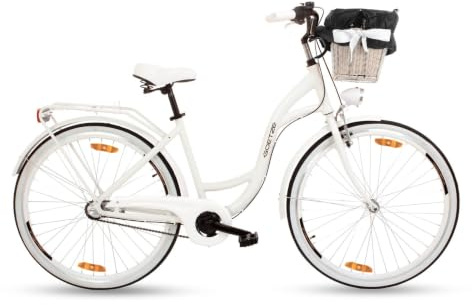 Goetze Style Damen Citybike 28 Zoll, Retro Fahrrad mit 3-Gang | Tiefeinsteiger, Shimano Nexus Nabenschaltung mit Rücktritt, LED-Beleuchtung, Rattankorb, Gepäckträger und Klingel