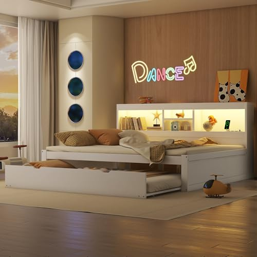 Holzbett 140x200 mit LED Beleuchtung und Ausziehbett, Funktionsbett mit Staufach, Steckdose und USB Ladefunktion, Kinderbett Jugendbett Bettgestell Tagesbett Gästebett Daybett, ohne Matratze, Weiß