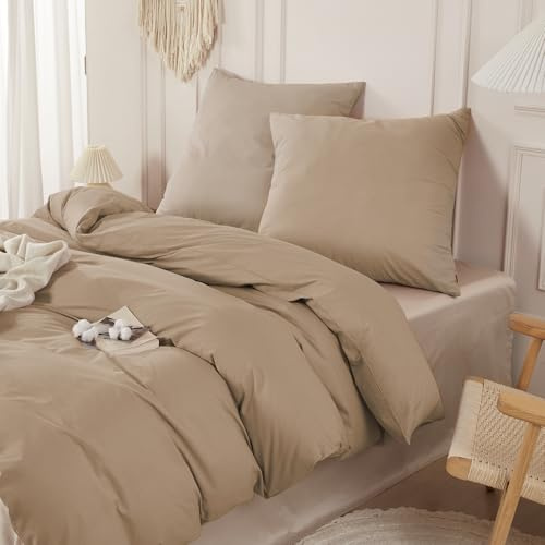 SAPHREAS Bettwäsche 200x200 100% Gewaschene Baumwolle 3teilig, Bettwäsche Sets mit Reißverschluss & 8 Schlaufen, Oeko-Tex Zertifiziert Bettbezug für Allergiker, Khaki(Ohne Bettdecken)