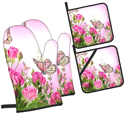 4 Pezzi Presine Da Cucina Set Pink Flowers Butterfly Guanti Per Forno Da Cucina Resistenti Divertenti Guanti Per Grigliare Per Grigliare, Griglia, Cottura Al Forno