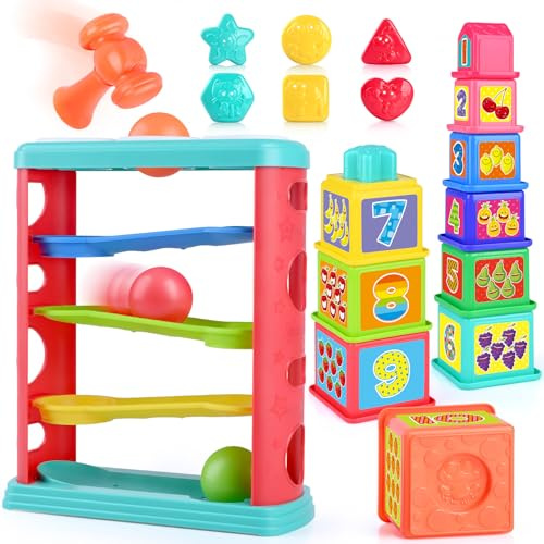 PLAY 2 in 1 Tazze Impilabili per Bambini, Labirinto con martello e palla per bambini, Montessori Giocattolo Impilabile con Numeri da Impilare,Blocco di selezione delle forme, Regalo per Bimbo 1+ Anni