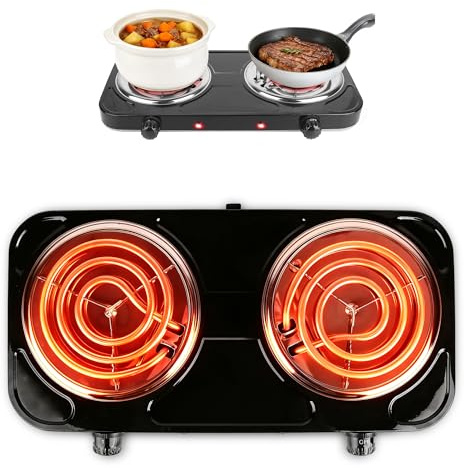 Electric Charcoal Burner Stove, 500W Single Coil Hot Plate Starter with Grill Tongs, 5-Level Temp, Smart Heat Control & Stainless Steel Fast Heating for Cooking top Countertop (3890 Double Black)