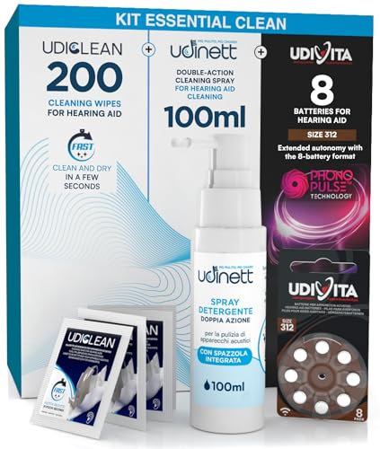 8 Pilas para Audífonos Tamaño 312 PR41 Marrón + Spray Limpiador con Cepillo Integrado Udinett 100ml + 200 Toallitas Limpiadoras Udiclean Tamaño de Bolsillo - Kit Essential Clean