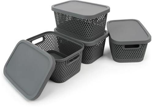 Spesh 4 Stück Aufbewahrungsbox mit Deckel 3.5L Kunststoff Aufbewahrungskorb Stapelbare Aufbewahrungsbehälter Korb Organizer für Küche Badezimmer Wohnzimmer Büro(24 x 17 x 12 cm,Grau-Durchbrochen)