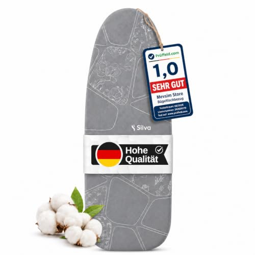 Silva Bügelbrettbezug 127x46 cm – 100% Baumwolle mit 5 mm Schaumstoff – Thermoreflexion, Rutschfest & Pflegeleicht – Für Dampfbügeltisch, Dampfbügelstation & Bügelbrett Universalgröße – Grau (L)