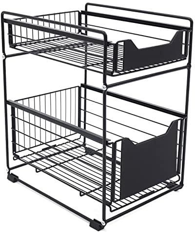 Under Sink Storage Organiser, 2-Tier Undersink Pull-Out Basket, Black Large Under Sink Organiser with Drawer Design, for Kitchen & Bathroom, 37.4x28.2x44cm