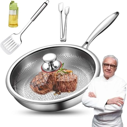 WANWEN Padella in Titanio Plateful con Coperchio, Padella in Titanio Puro per Cucinare, Pentole Plateful da 12 pollici, Padelle Antiaderenti in Martellato Pro (With Lid, 26cm)