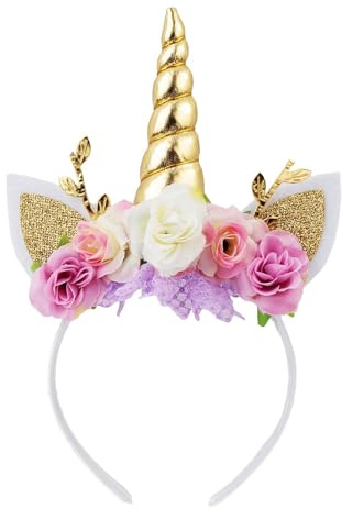 Nishine Rose Blumen Einhorn Stirnband mit Glitzer-Horn Kopfschmuck Tiara für Geburtstag Halloween Party Karneval