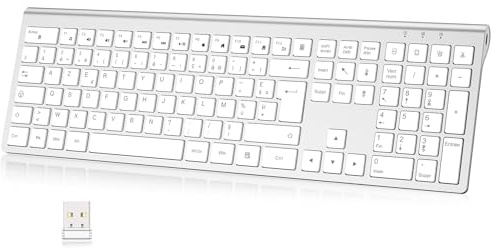 cimetech Clavier sans Fil Rechargeable, Connexion 2.4Ghz, Clavier Silencieux, Ultra-Fin, AZERTY Français, avec Pavé Numérique, pour MacOS/iOS/Android/Windows/PC/Ordinateur/Portable-Blanc Argent