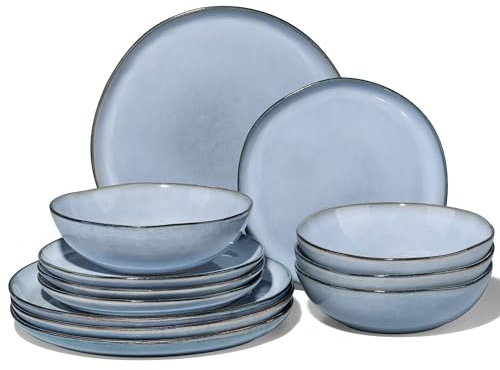 Joyfair Dinner Set, 12 Pieces Stoneware Dinnerware Set Service for 4, Reactive Glaze Irregular Shape Plates and Bowls, Chip & Scratch Resistant, Microwave & Dishwasher Safe, Lakeside Mist Blue