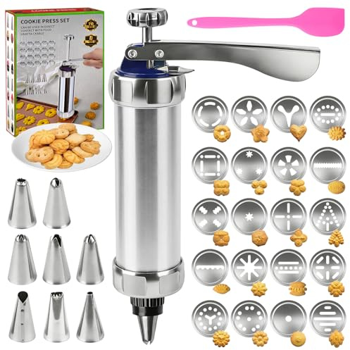 YIYICO Gebäckpresse für Spritzgebäck Presse Kekspresse Edelstahl Keksmaschine Teigspritze Gebäckspritze mit 20 Schablonen 8 Edelstahl Tüllen Plätzchenpresse für Kuchen Dessert DIY Maker Cookie Presse