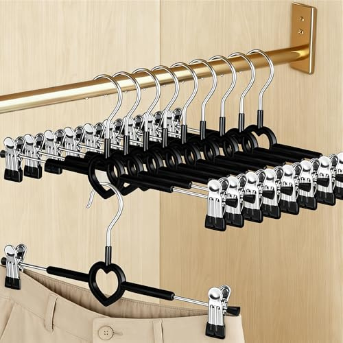 10 Pack Skirt Hangers with Adjustable Non-Slip Clips, 30cm Metal Trouser Hangers, Chrome Heavy Duty Clothes Hangers, Space Saving Wardrobe Storage Organizer for Pants, Skirts, Jeans and Towels, Black