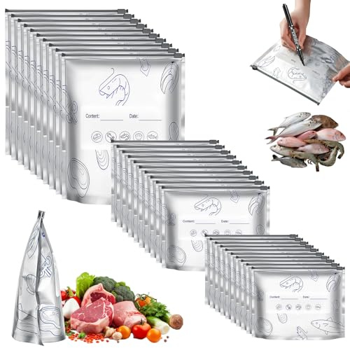 30PCS Reusable Aluminum Foil Sealable Storage Bag, Stand Up Foil Sealable Bags with Label, Zip Lock and Pen, 3 Sizes Foil Fresh-Keeping Bags, for Kitchen Vegetable Fruit Meat Storage And Freezable