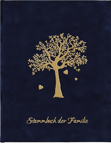 Edles Familienstammbuch A5 – Stammbuch der Familie Blau mit Baumprägung & Ahnenbaum – für Hochzeit, Standesamt & Kirche – mit Buchschrauben für Geburtsurkunden & Dokumente