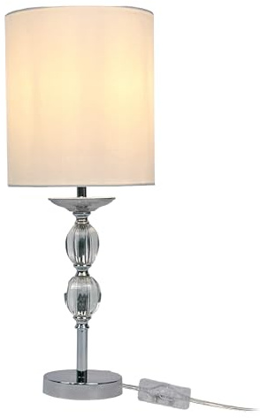 Relaxdays Tischlampe, Glasfuß, Stoffschirm, E27, HxD: 50 x 18,5 cm, Kristall-Design, Tischleuchte mit Kabel, weiß/Silber