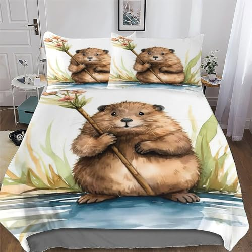AASWSWW Beaver Duvet Cover Bedding Set Soft Microfiber Quilt Covers 3 PCs with Pillowcase For Boys, Girls Comforter Cover Double (200x200cm)
