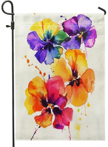Banderas de jardín de pensamiento de primavera de 12 x 18 pulgadas, de doble cara para exteriores, coloridas flores de acuarela para patio delantero, banderas de lona para casa, banderas florales de