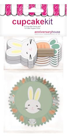 Anniversary House 28 pcs Easter Cupcake Kit, Bunny and Carrot Cupcake Decoration Set, Premium Kit for Baking, 16 Cup Cake Cases and 12 Toppers Decorations, J244