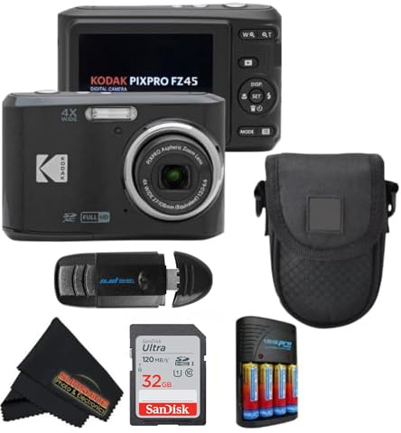KODAK PIXPRO FZ45 16MP CMOS Sensor Digital Camera 5X Optical Zoom with Sunshine Photo Microfiber Cleaning Cloth (Advanced Bundle, Black)